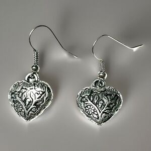 Puffy Textured Heart Silver Tone Dangle Earrings Scrolled Floral Pattern